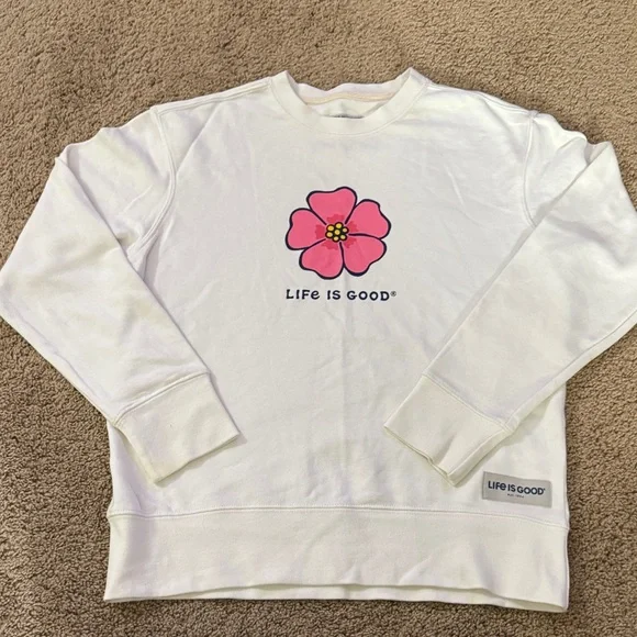 Life Is Good White Sweatshirt with Pink Flower - Picture 1 of 4